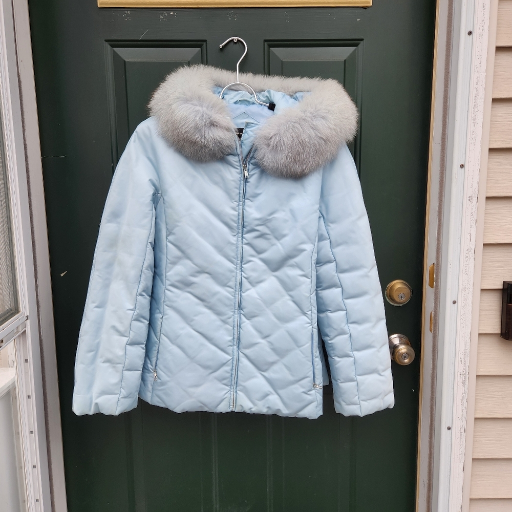 1 Madison Womens Large Hooded Baby Blue Puffer Jacket with Real Fox Fur Trim
